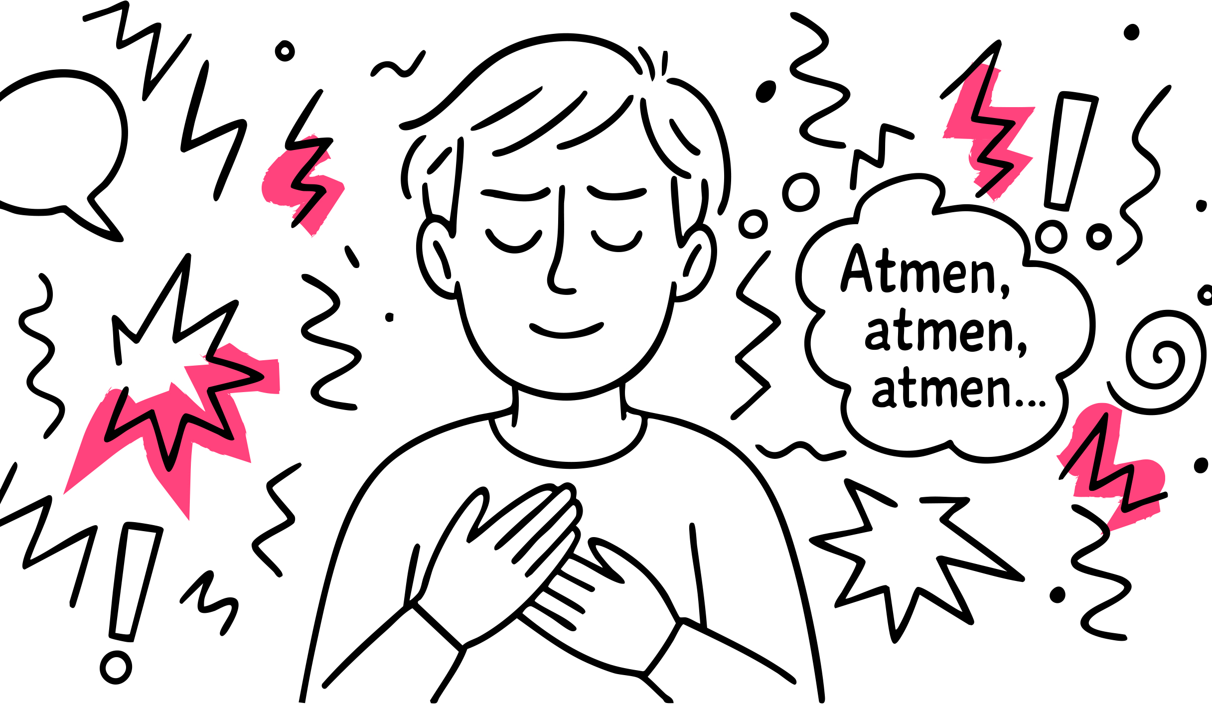 Grafik mit Person, die von Konfliktsymbolen umgeben ist, und lächelt